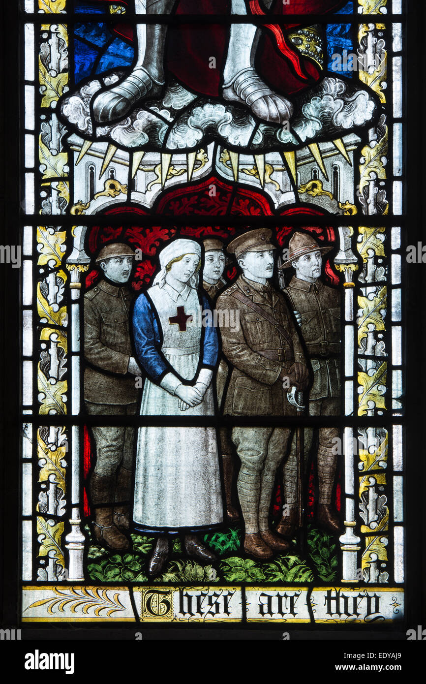 WWI memorial window detail, St. Mary`s Church, Melton Mowbray, Leicestershire, England, UK Stock Photo